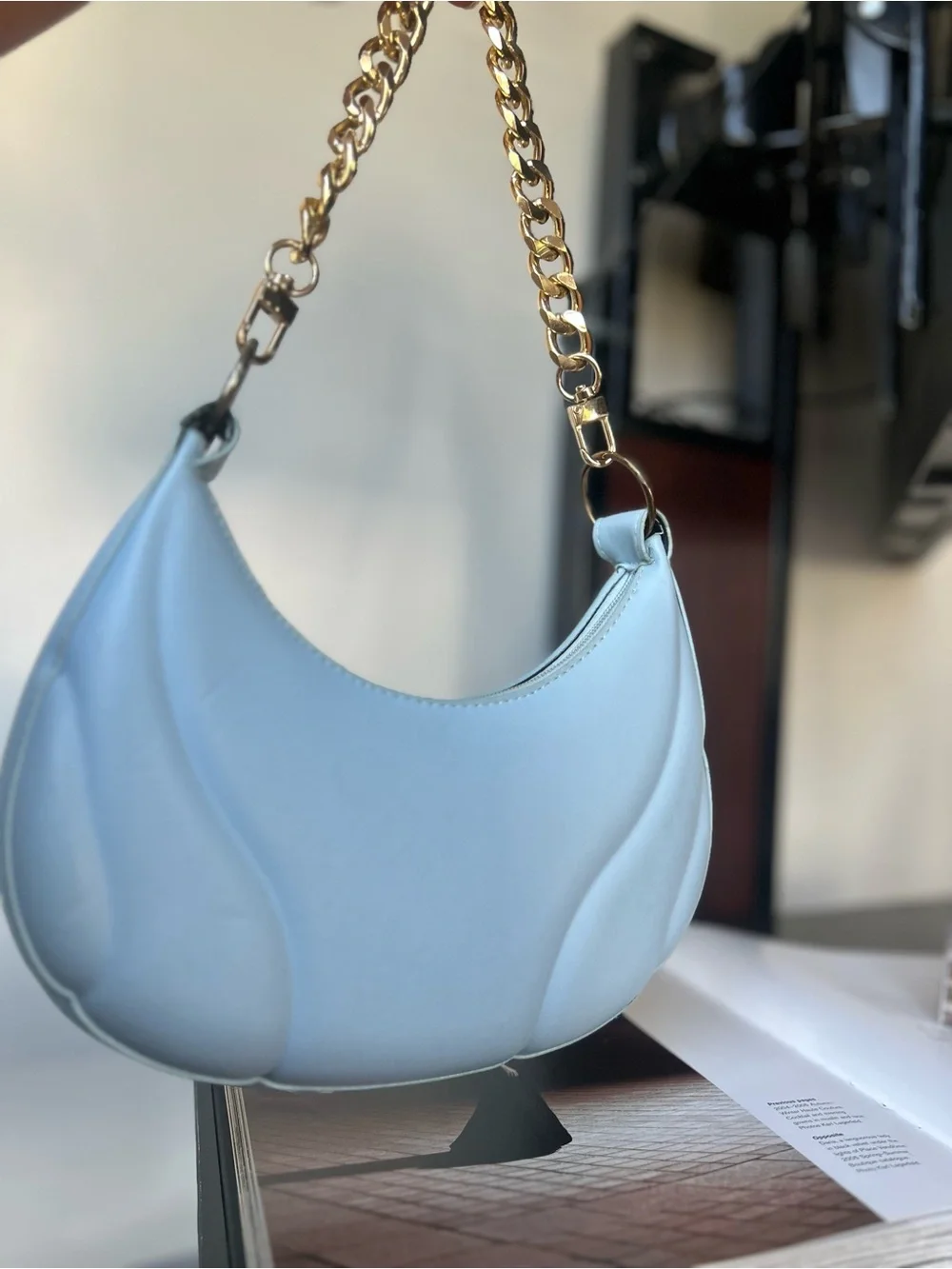 Light Blue Quilted Shoulder Bag with Gold Chain women